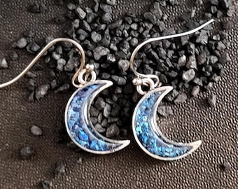 Crushed Blue Shattuckite Stone Moon Earrings in SilverTone