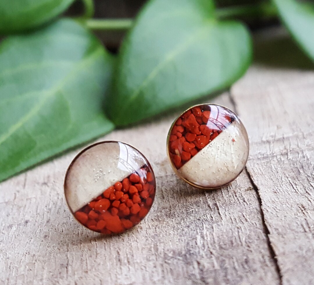 Birch Bark and Crushed Red Jasper Stud Earrings - Nature Jewelry - Real ...