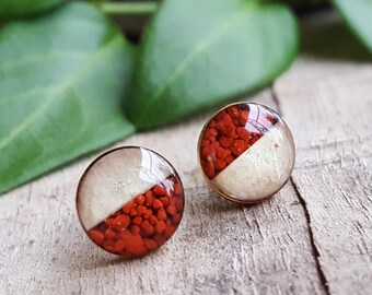 Birch Bark and Crushed Red Jasper Stud Earrings - Nature Jewelry - Real Birch Bark Jewelry - Wood and Crushed Stone Inlay