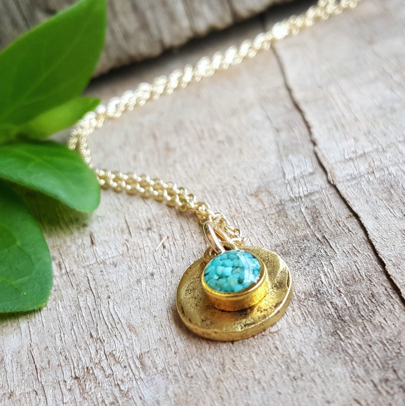 Crushed Turquoise and Gold Disc Necklace Crushed Stone Small Circle Necklace image 1