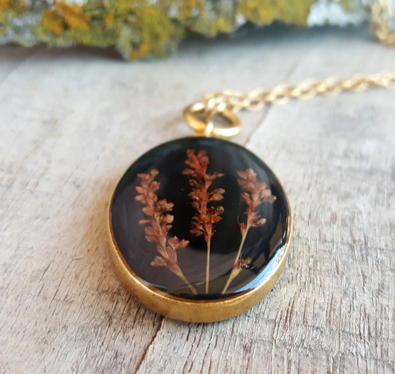 Nature Jewelry Botanical Jewelry Real Flower Necklace Real Burgundy Pressed Flower Jewelry -Large Gold Oval Flower Statement Necklace