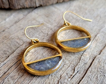 Crushed Blue Kyanite Earrings - Crushed Stone - Light Blue and Gold Horizon Split Circle Dangle Earrings