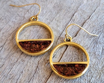 Crushed Red Tiger's Eye Earrings - Crushed Stone - Deep Red and Gold Horizon Split Circle Dangle Earrings