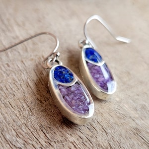Crushed Stone Earrings - Crushed Blue Lapis Lazuli and Purple Charoite Dangle Earrings - Silver Oval Stone Inlay - Nature Jewelry