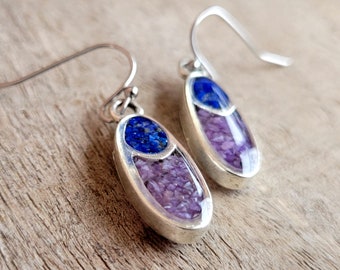 Crushed Stone Earrings - Crushed Blue Lapis Lazuli and Purple Charoite Dangle Earrings - Silver Oval Stone Inlay - Nature Jewelry