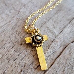 Cross and Mustard Seed Flower Charm Necklace Christian Faith Necklace Gold and Black Cross and Aster Necklace Baptism Gift image 2