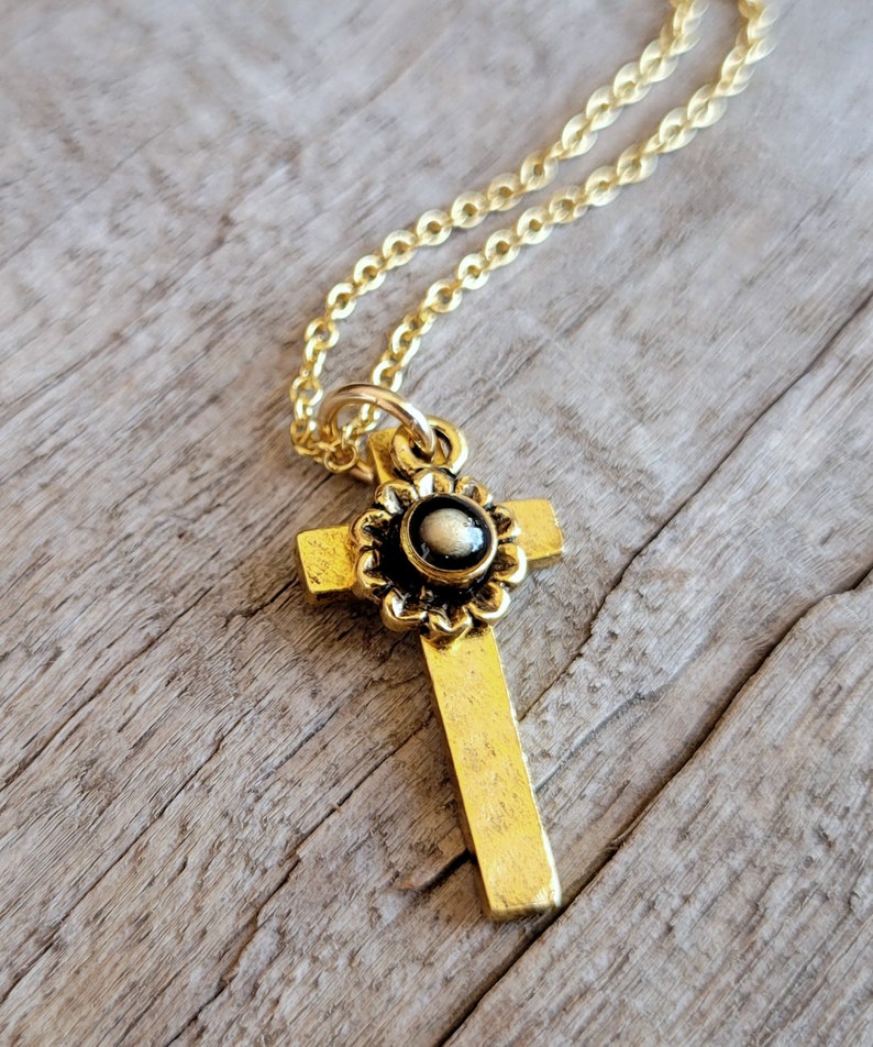 Cross and Mustard Seed Flower Charm Necklace Christian Faith Necklace Gold and Black Cross and Aster Necklace Baptism Gift image 2