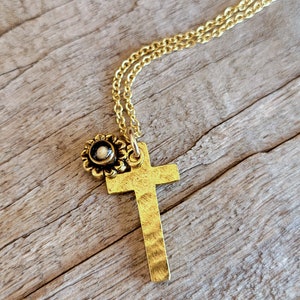 Cross and Mustard Seed Flower Charm Necklace Christian Faith Necklace Gold and Black Cross and Aster Necklace Baptism Gift image 3
