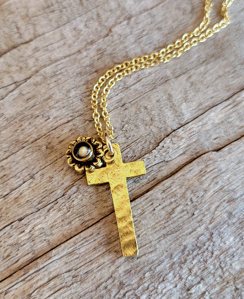 Cross and Mustard Seed Flower Charm Necklace Christian Faith Necklace Gold and Black Cross and Aster Necklace Baptism Gift image 3