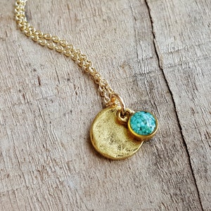 Crushed Turquoise and Gold Disc Necklace Crushed Stone Small Circle Necklace image 2