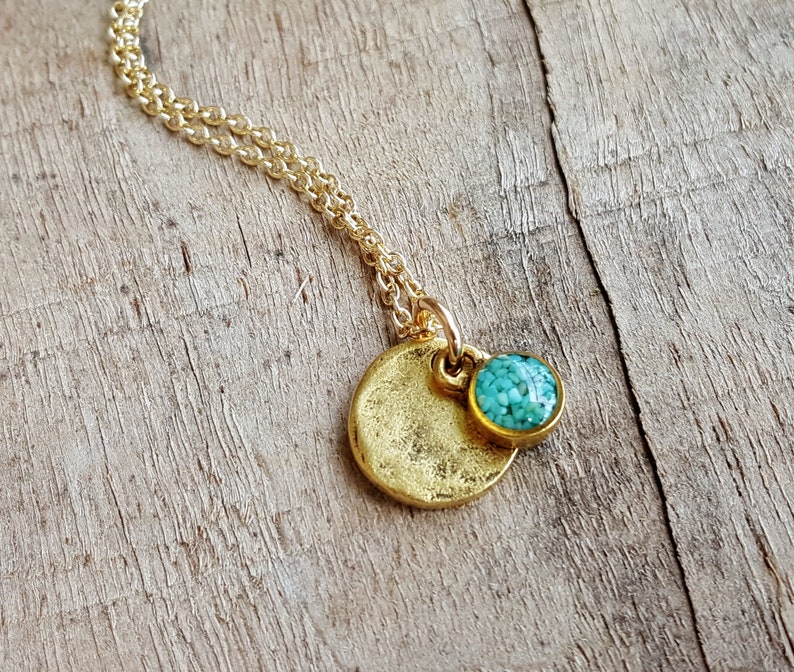 Crushed Turquoise and Gold Disc Necklace Crushed Stone Small Circle Necklace image 2