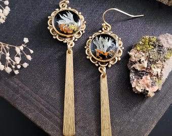 Real Lichen Long Dangle Earrings in Gold Tone