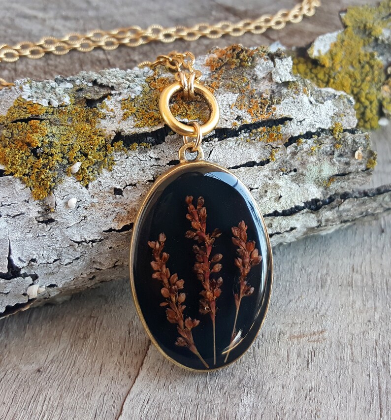 Nature Jewelry Botanical Jewelry Real Flower Necklace Real Burgundy Pressed Flower Jewelry -Large Gold Oval Flower Statement Necklace