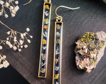 Real Lichen Long Dangle Bar Earrings in Gold Tone