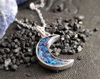 Crushed Blue Shattuckite Stone Silver Moon Necklace