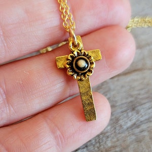 Cross and Mustard Seed Flower Charm Necklace Christian Faith Necklace Gold and Black Cross and Aster Necklace Baptism Gift image 5