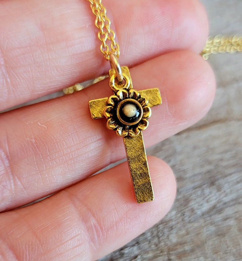 Cross and Mustard Seed Flower Charm Necklace Christian Faith Necklace Gold and Black Cross and Aster Necklace Baptism Gift image 5