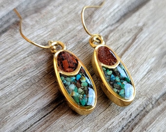 Crushed Stone Earrings - Crushed Red Tiger's Eye and Phoenix Turquoise Dangle Earrings - Gold Oval Stone Inlay - Nature Jewelry