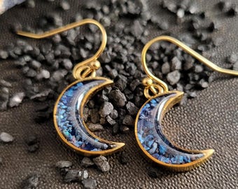 Crushed Blue Shattuckite Stone Moon Earrings in Gold Tone