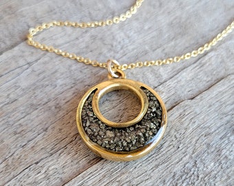 Crushed Pyrite Necklace - Crushed Stone - Pyrite and Gold Eclipse Split Circle Necklace