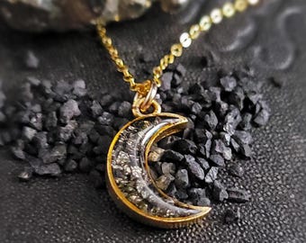 Crushed Pyrite Stone Gold Moon Necklace