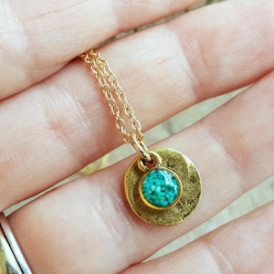 Crushed Turquoise and Gold Disc Necklace Crushed Stone Small Circle Necklace image 3