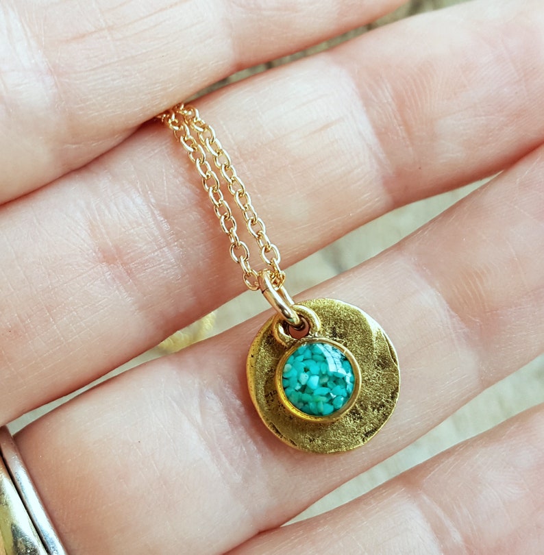 Crushed Turquoise and Gold Disc Necklace Crushed Stone Small Circle Necklace image 3