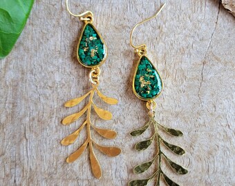 Crushed Malachite Earrings - Crushed Green Stone and Brass Dangle Earrings - Crushed Gemstone Earrings - Nature Jewelry