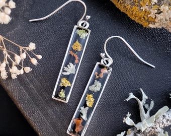 Real Lichen Dangle Bar Earrings