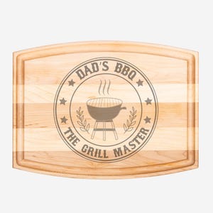 Dad&#39;s BBQ Grill Master Cutting Board | Custom Personalized Gift for Him | Arched Wood with Groove - 12&quot; x 9