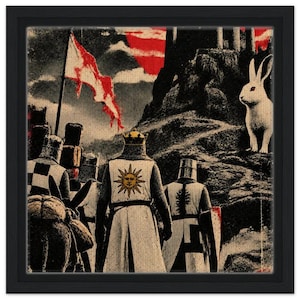 May include: A framed wall art print depicting a group of knights in chainmail and tunics standing before a rocky hill. A large white rabbit sits on the hill near a castle. A red sun hangs in the sky, and a tattered flag waves in the wind.