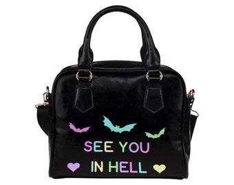Pastel Goth Creepy Cute ‘See you in hell’ Ladies Shoulder Hand Bag, Alternative, Punk
