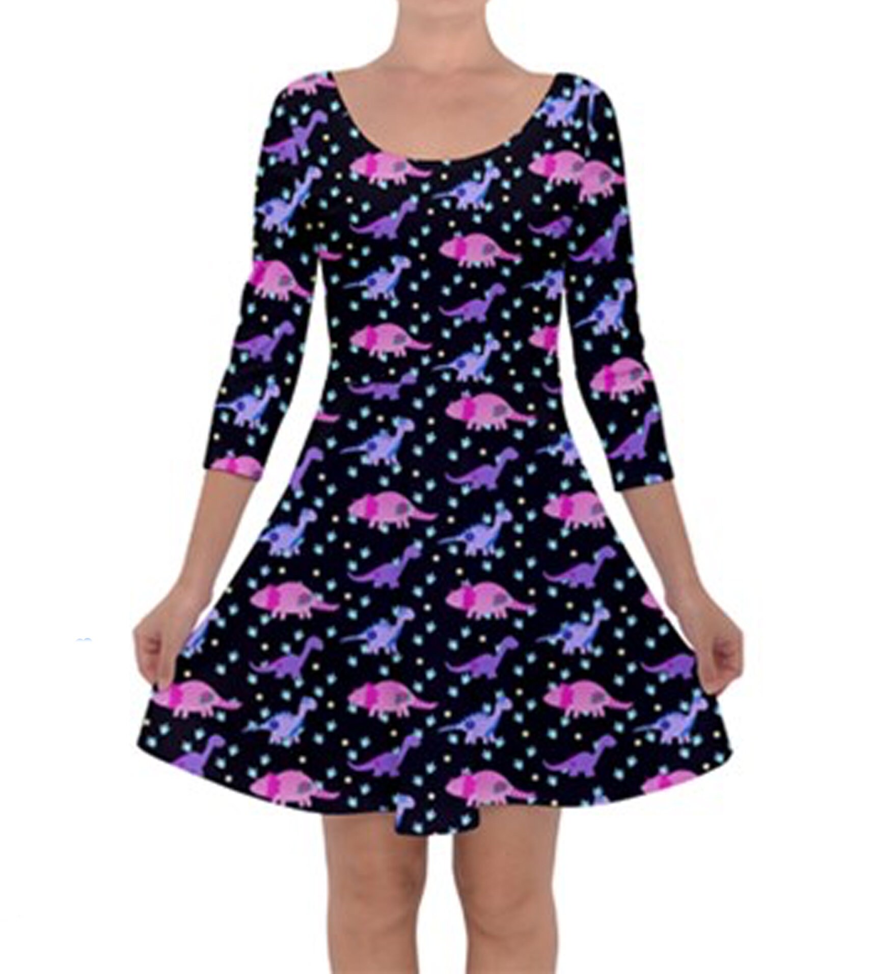 Image of Black Dinosaur Ladies Skater Dress / Sleeves