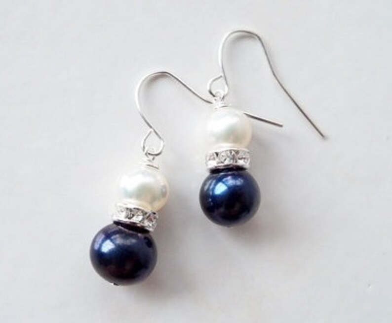 Black and white freshwater pearl earrings with silver rhinestone on silver plated surgical steel ear wires image 1