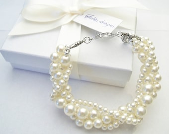 Twisted pearl bracelet Ivory Swarovski crystal pearl multi strand twisted bracelet with antiqued silver clasp bridal