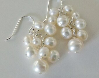 White freshwater pearl cluster earrings on sterling silver shepherds hooks bridal, delicate, elegant