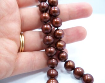 Deep coppery brown 8mm round Freshwater Pearl necklace AA Grade hand knotted silk brown freshwater pearls 12kt gold filled filigree clasp