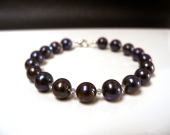 Black pearl bracelet with swarovski crystals and silver lobster clasp freshwater pearls