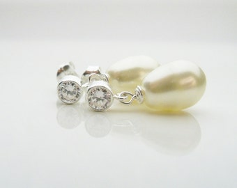 Swarovski pearl stud earrings Sterling Silver, 4mm round Cubic Zirconia with Swarovski teardrop pearls