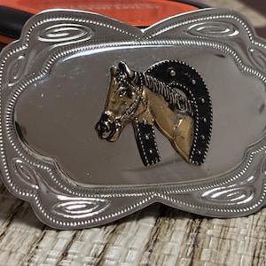 vintage prize horse award western belt buckle,  good luck horse shoe belt buckle, 3” stainless steel, chromed 1980 horse head &  shoe buckle