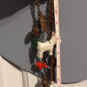 Antique Czech glass animal charm necklace, 1930s glass animals brass acorns necklace, 1930s white milk glass Scottie dog pendant necklace image 18