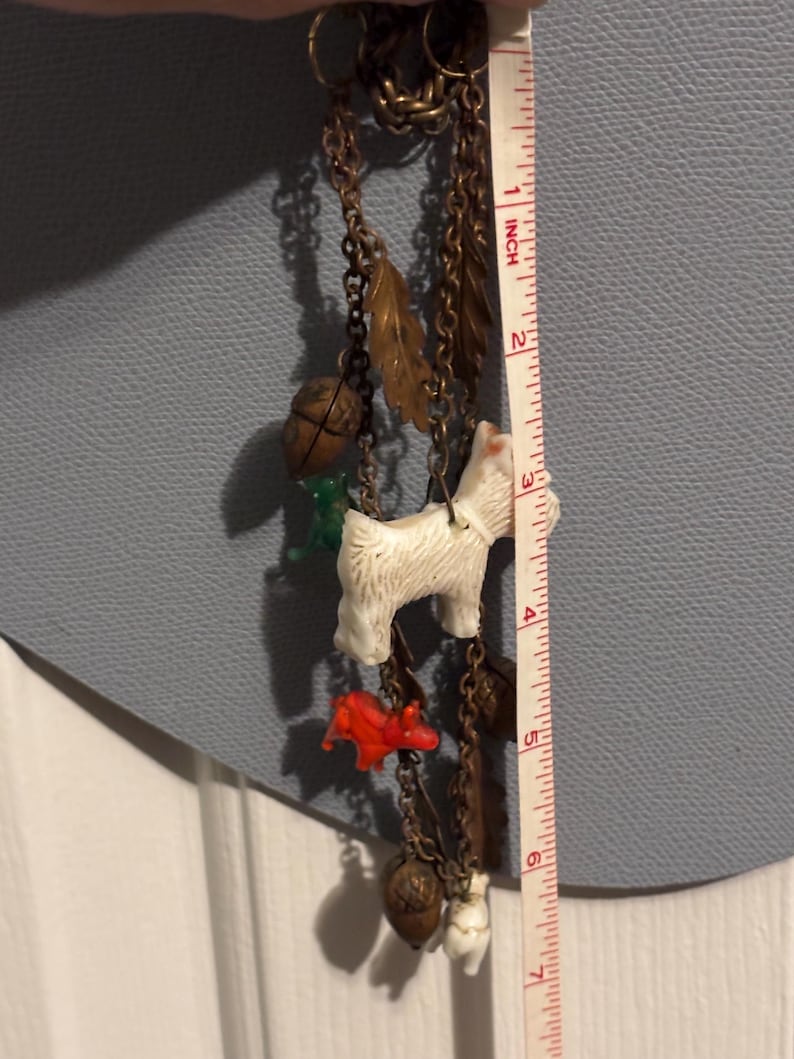 Antique Czech glass animal charm necklace, 1930s glass animals brass acorns necklace, 1930s white milk glass Scottie dog pendant necklace image 18