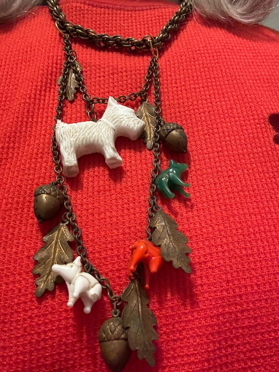 Antique Czech glass animal  charm necklace, 1930s glass animals brass acorns necklace, 1930s white milk glass Scottie dog pendant necklace