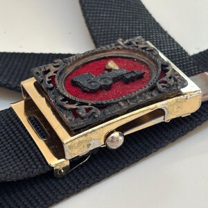 Vintage Black Leather Train Belt & Buckle Vintage 1986 Metal Belt Buckle, Enamel, Train, Locomotive  main image 4