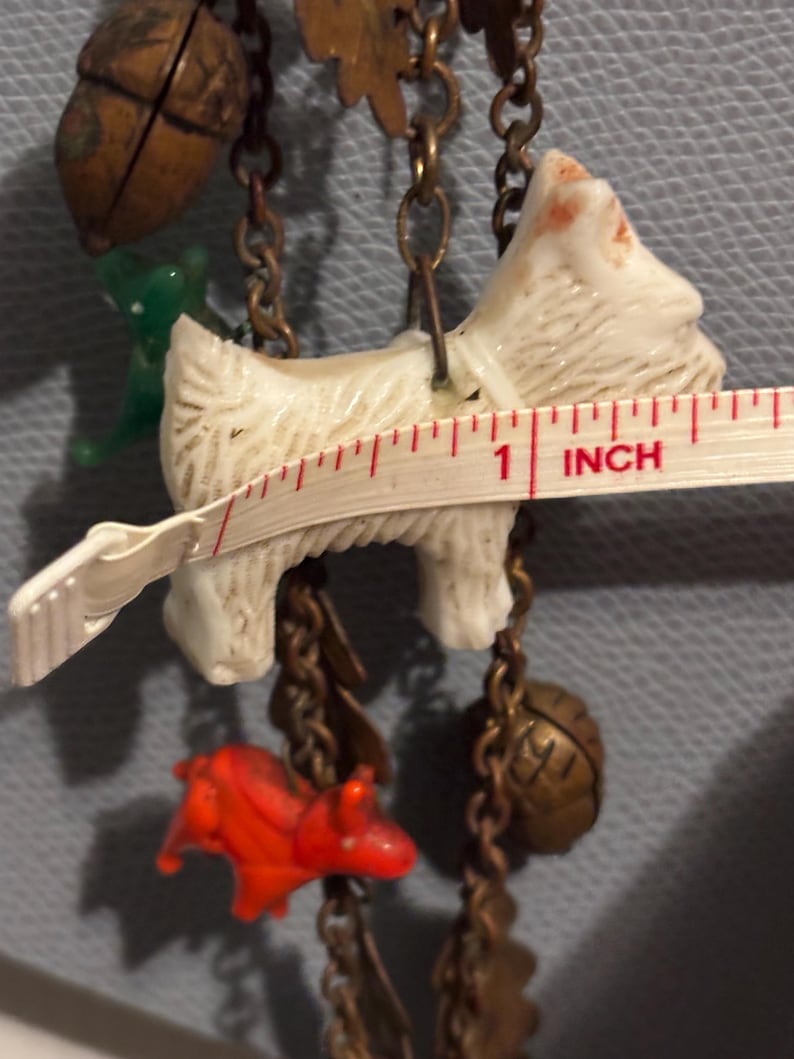 Antique Czech glass animal charm necklace, 1930s glass animals brass acorns necklace, 1930s white milk glass Scottie dog pendant necklace image 19