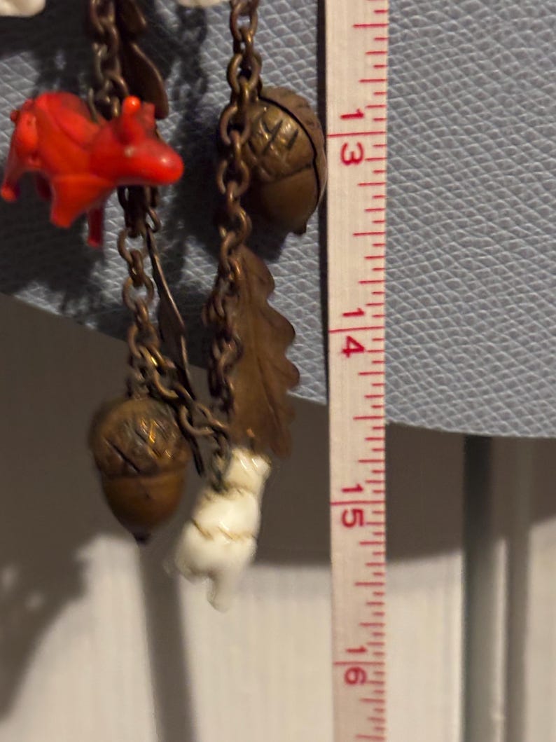 Antique Czech glass animal charm necklace, 1930s glass animals brass acorns necklace, 1930s white milk glass Scottie dog pendant necklace image 17