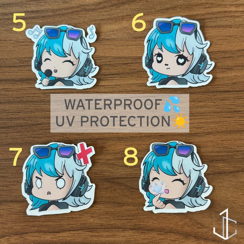 May include: A set of waterproof, UV-protected stickers. Each sticker features an anime-style character with blue and white hair, headphones, and sunglasses. The stickers show different expressions and poses, including musical notes, hearts, and a microphone.