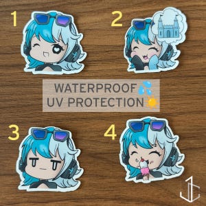 May include: Four stickers featuring a cartoon character with blue and white hair, wearing headphones and sunglasses. Each sticker has a different expression. The text "WATERPROOF UV PROTECTION" is also included.