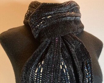 Handwoven Scarf- Black Chenille with Beige Designs