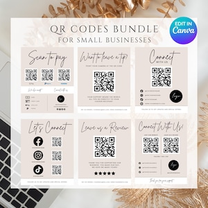 May include: A collection of QR code templates for small businesses. The design includes templates for scanning to pay, leaving a tip, connecting on social media, and leaving a review. The templates are in a neutral colour palette with black text and QR codes.